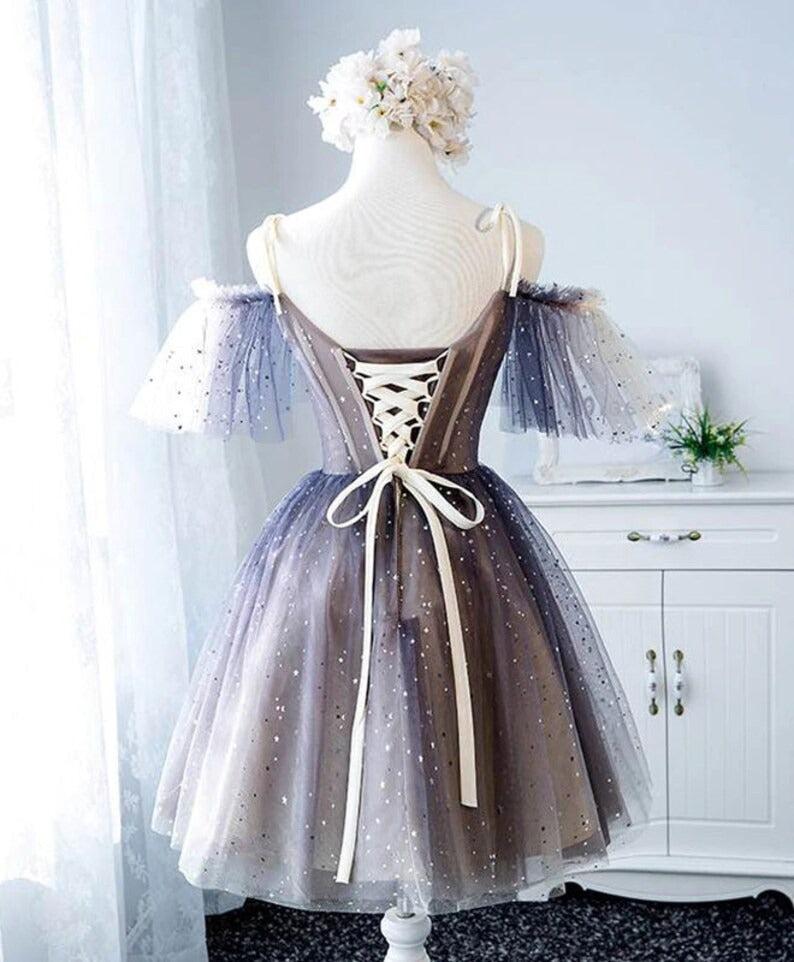 Heart Homecoming Dress shaped V neck Starlit Cloud Tulle Mini Length Short Party Cocktail Dress