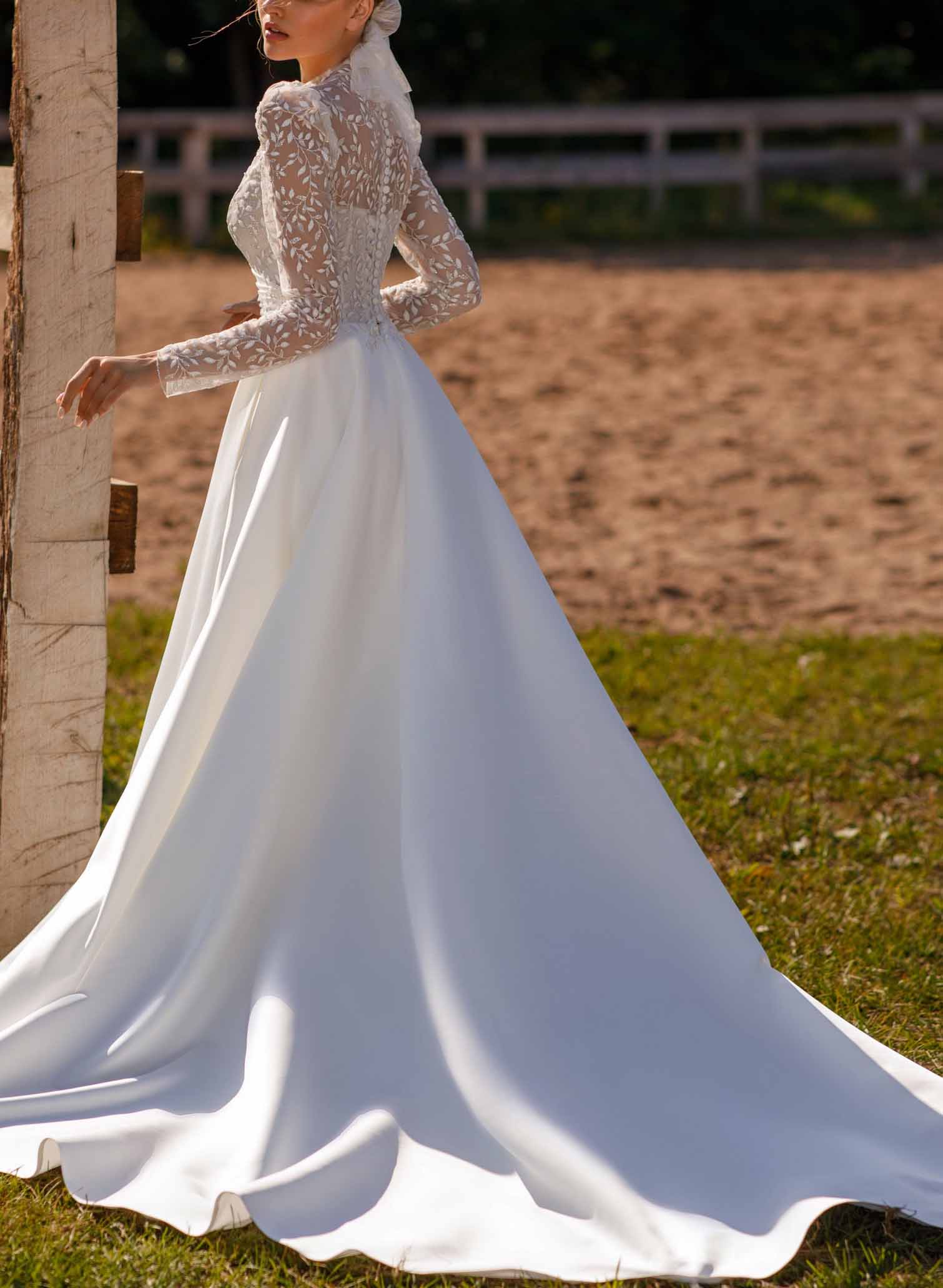 High Neck Lace Ball Gown Wedding Dress with Long Sleeves