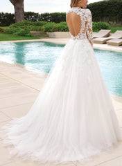 High Neck Lace Long Sleeves Ball Gown Wedding Dress