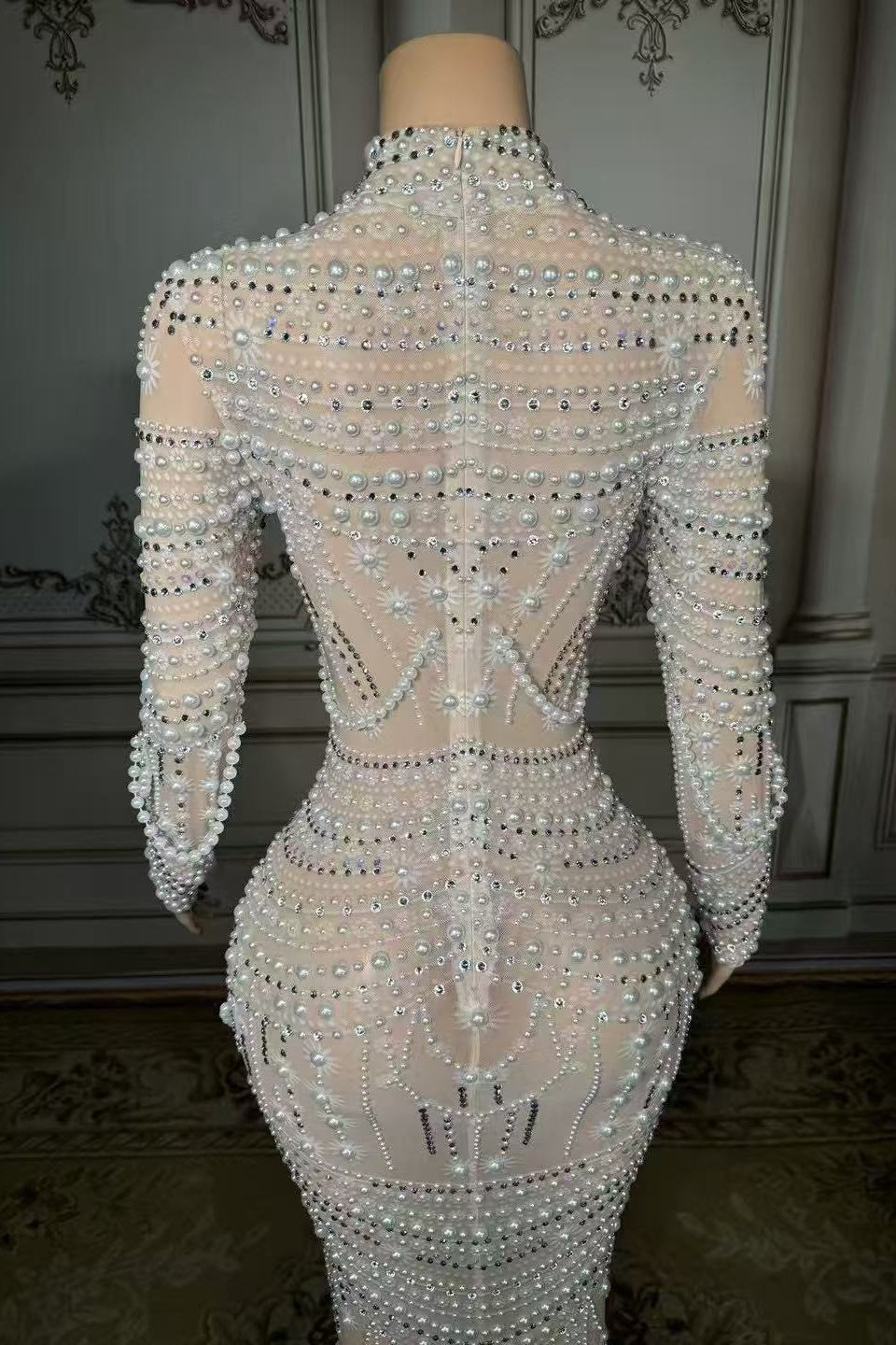 High Neck Long Sleeve Formal Dress Pearl Mermaid Prom Evening Dress