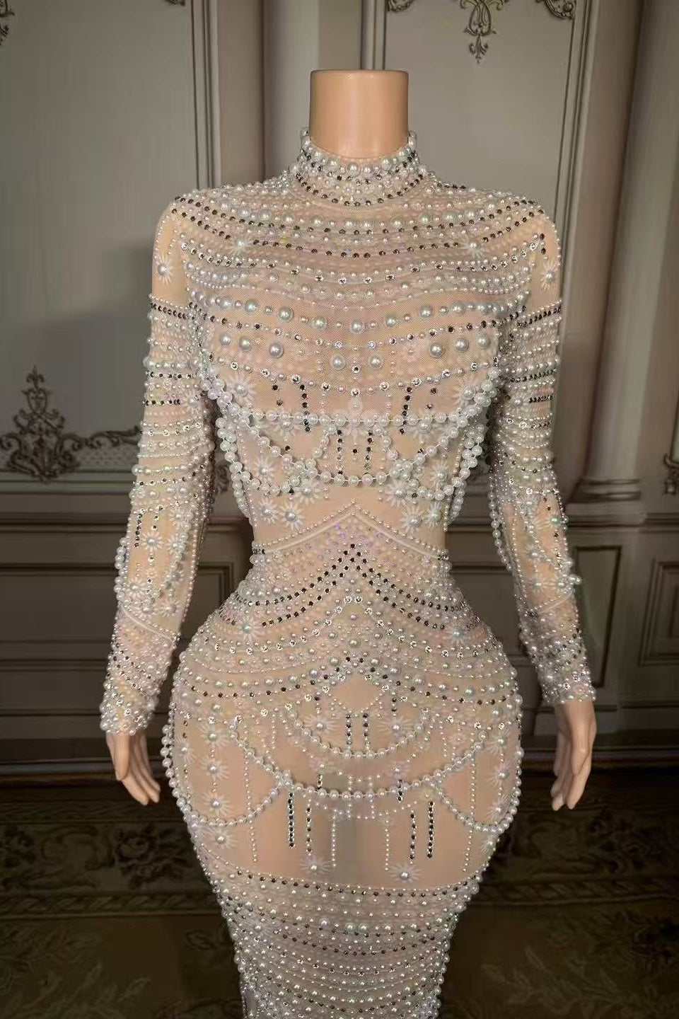 High Neck Long Sleeve Formal Dress Pearl Mermaid Prom Evening Dress