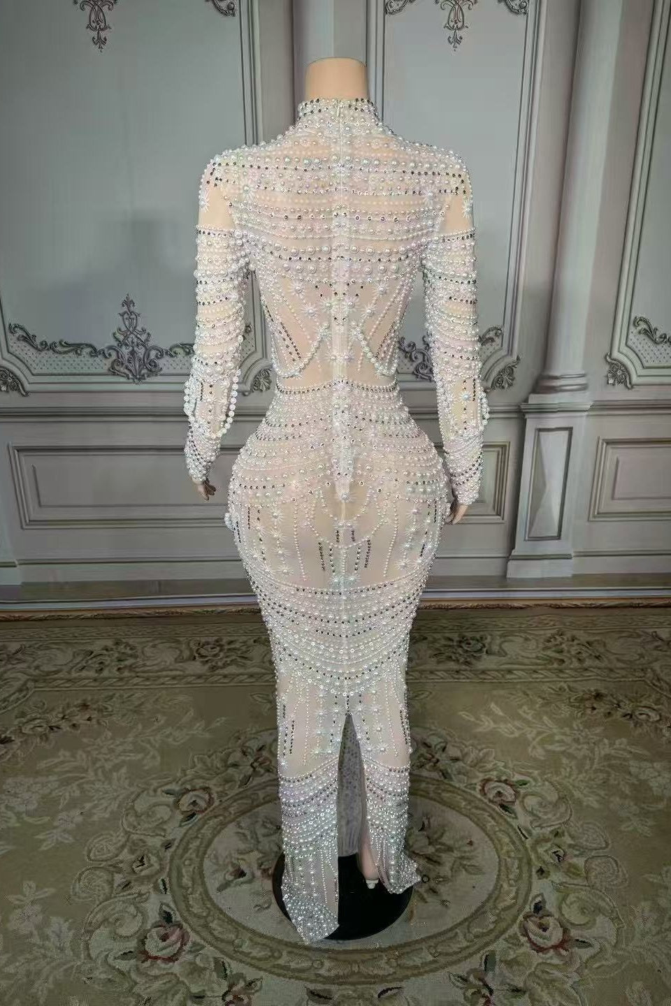 High Neck Long Sleeve Formal Dress Pearl Mermaid Prom Evening Dress