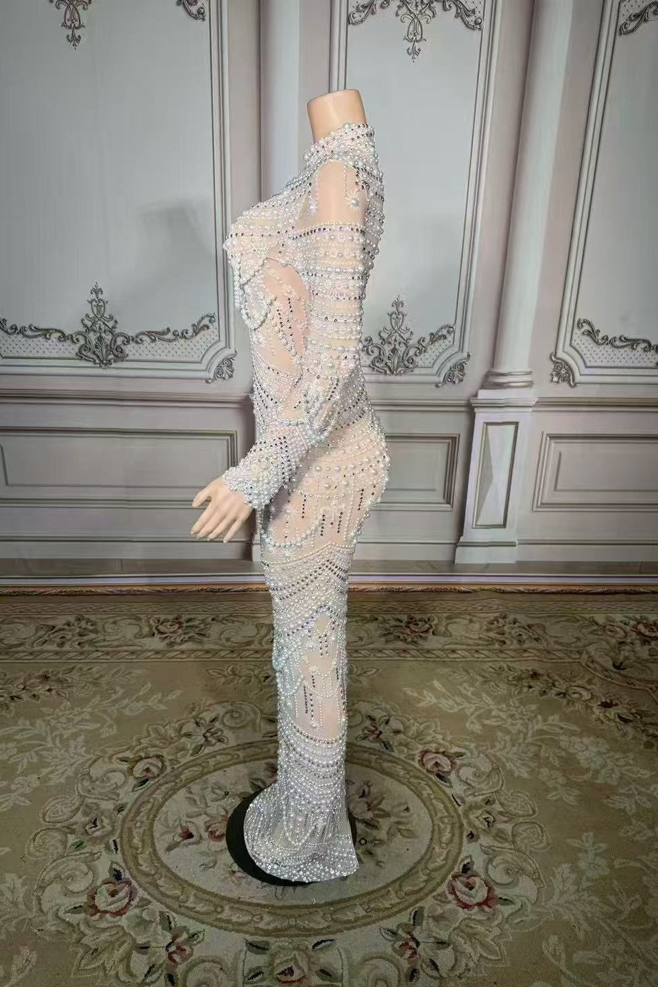 High Neck Long Sleeve Formal Dress Pearl Mermaid Prom Evening Dress