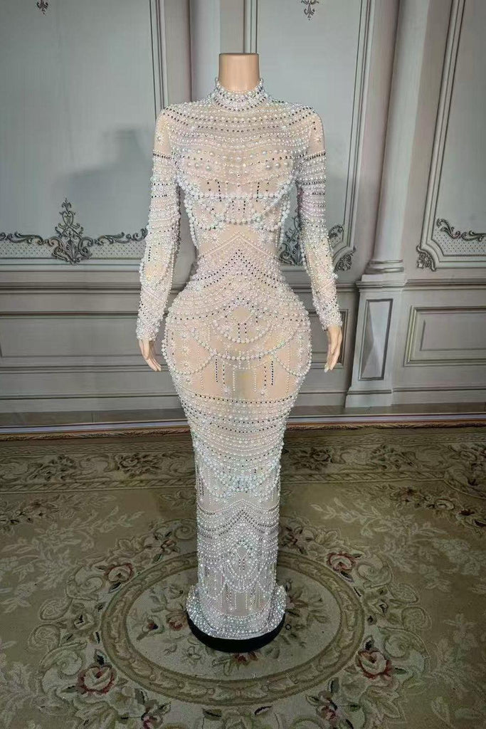 High Neck Long Sleeve Formal Dress Pearl Mermaid Prom Evening Dress –  Dressystars