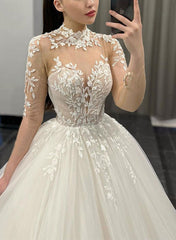 High Neck Long Sleeves Tulle Wedding Dress With Appliques Lace Ball Gown