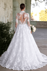 High Neck Long Sleeves Wedding Dress A Line Bridal Dress with Lace Appliques