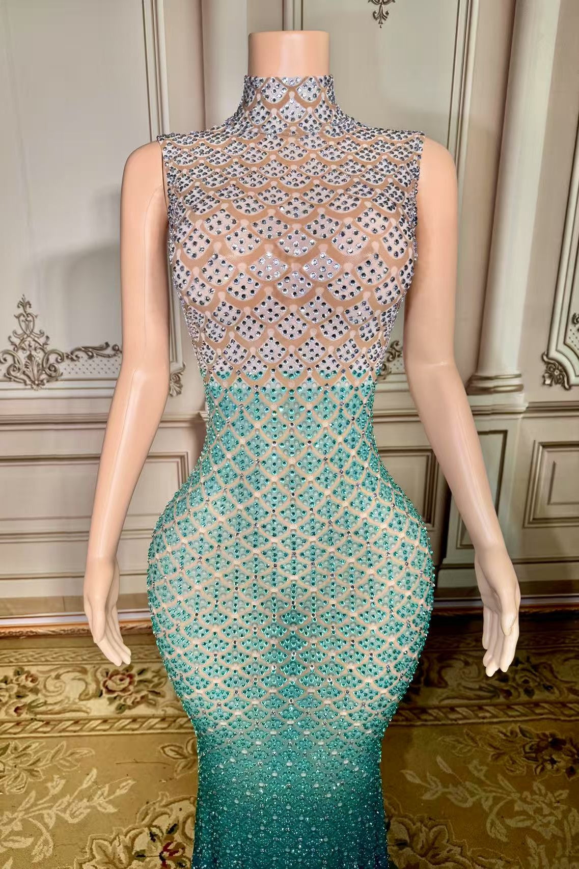 High Neck Mermaid Prom Dress Peacock Green Formal Evening Dress with Rhinestones