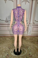 High Neck Mini Homecoming Dress Cut Out Purple Cocktail Party Dress