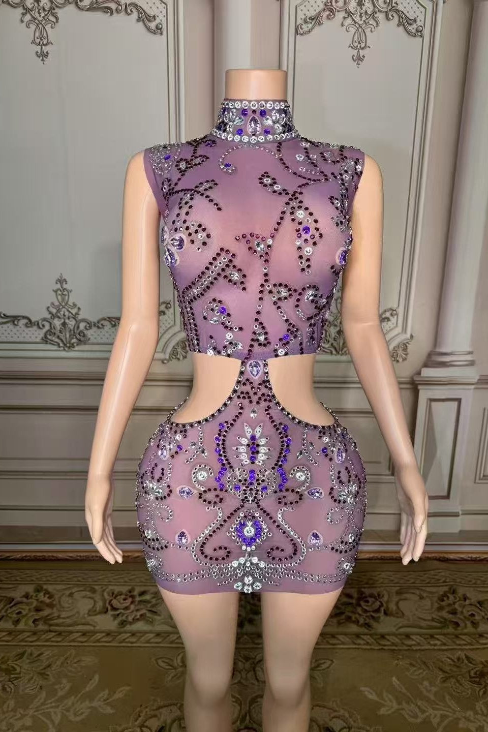 High Neck Mini Homecoming Dress Cut Out Purple Cocktail Party Dress
