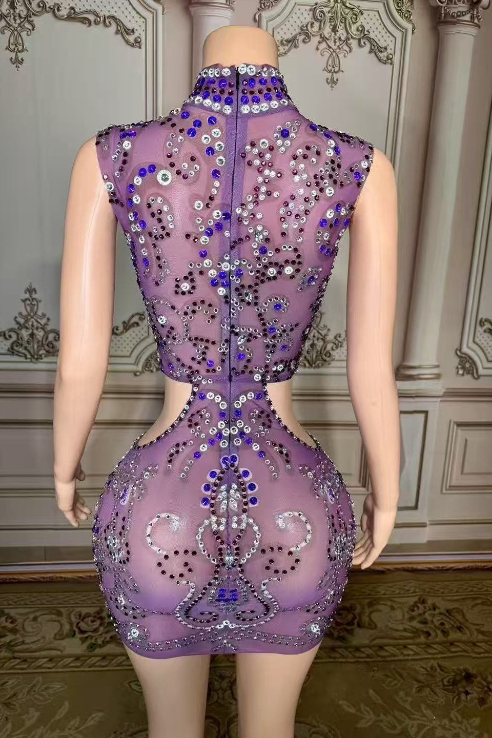 High Neck Mini Homecoming Dress Cut Out Purple Cocktail Party Dress