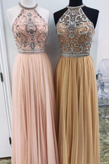 High Neck Prom Dress Tulle Beaded Long Formal Gown Evening Dress