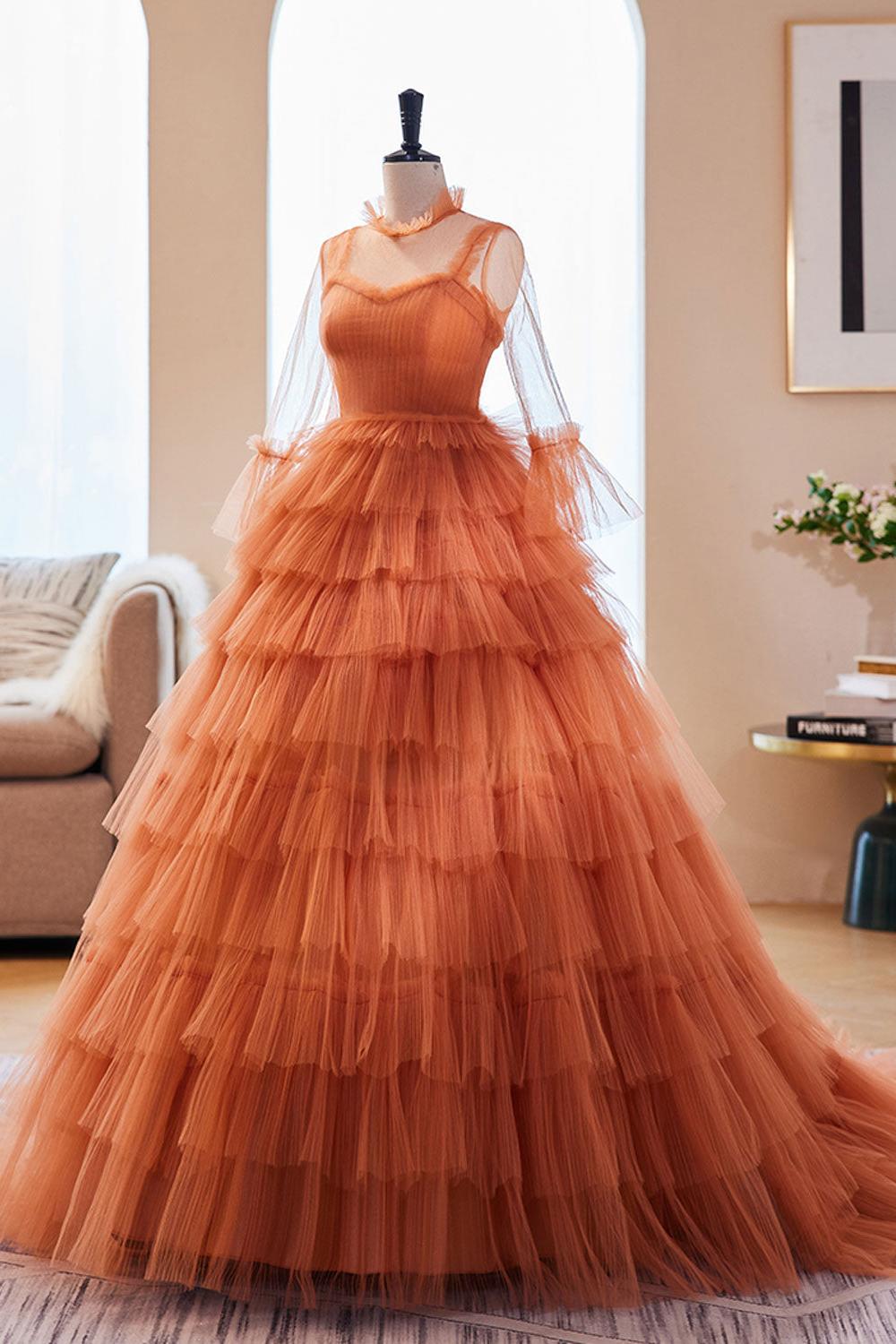 High Neck Prom Dress Tulle Long Orange Formal Evening Dress