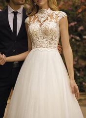 High Neck Sleeveless Lace/Tulle A Line Wedding Dress With Back Hole