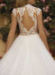 High Neck Sleeveless Lace/Tulle A Line Wedding Dress With Back Hole