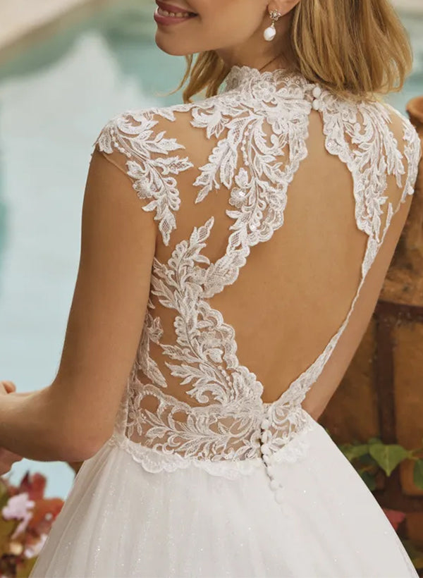 Dressystars Women Wedding Dress High Neck Sleeveless Lace/Tulle A Line Bridal  Dress With Back Hole