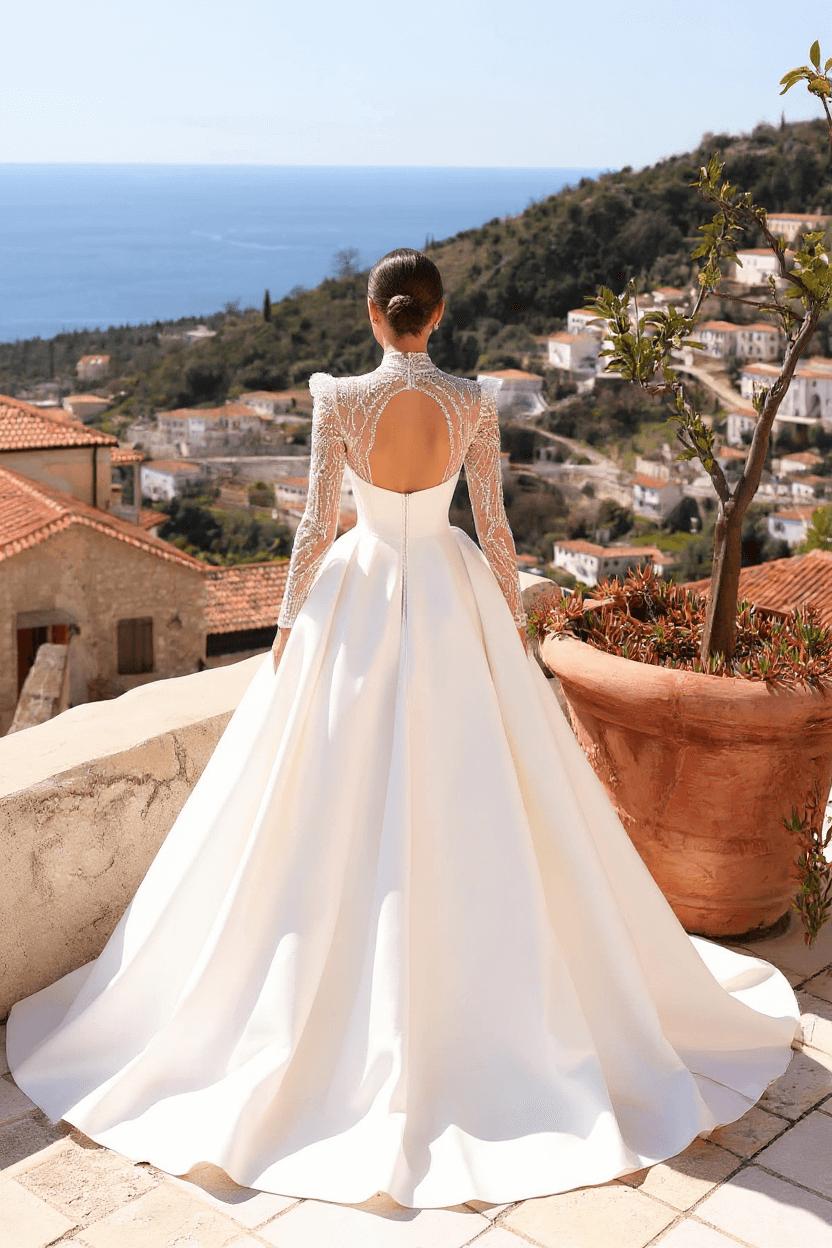 High Neck Wedding Dress Mermaid Beaded Satin Bridal Gown with Panel Train