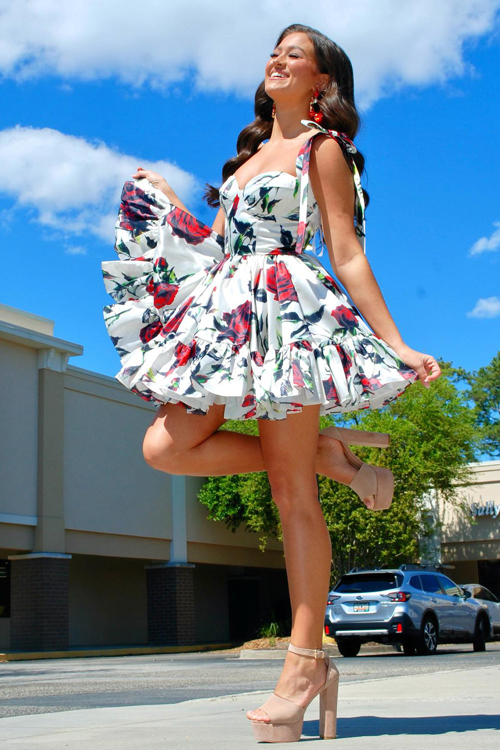 Homecoming Dresses A Line Ruffled Cocktail Dresses With Printed Flower
