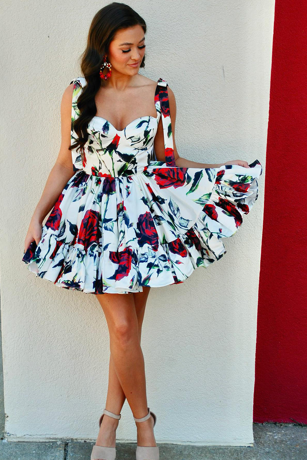 Homecoming Dresses A Line Ruffled Cocktail Dresses With Printed Flower
