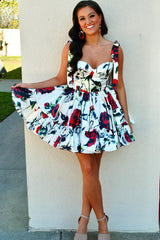 Homecoming Dresses A Line Ruffled Cocktail Dresses With Printed Flower