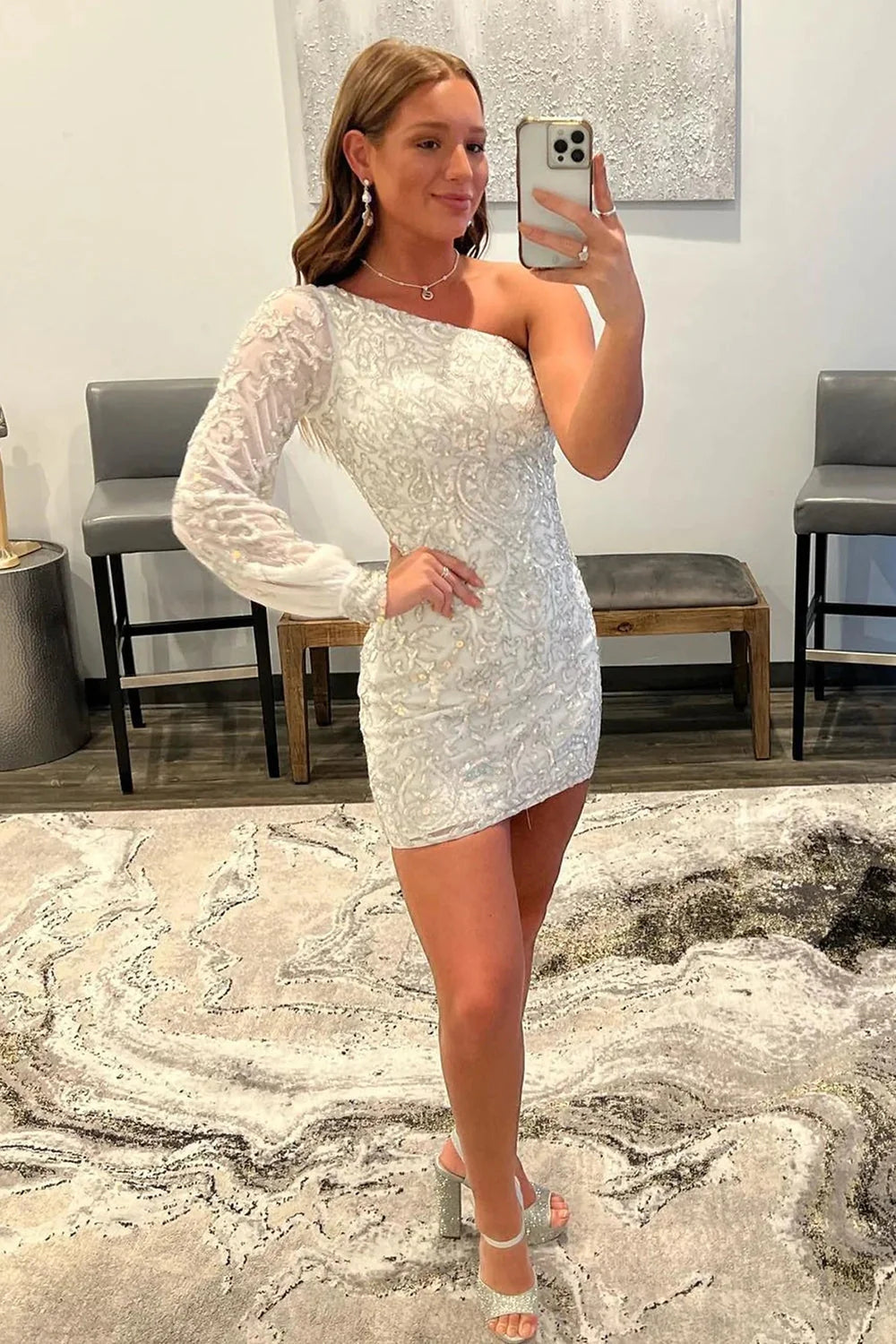 Homecoming Dresses Beaded Sequin One Shoulder Tight Cocktail Dresses