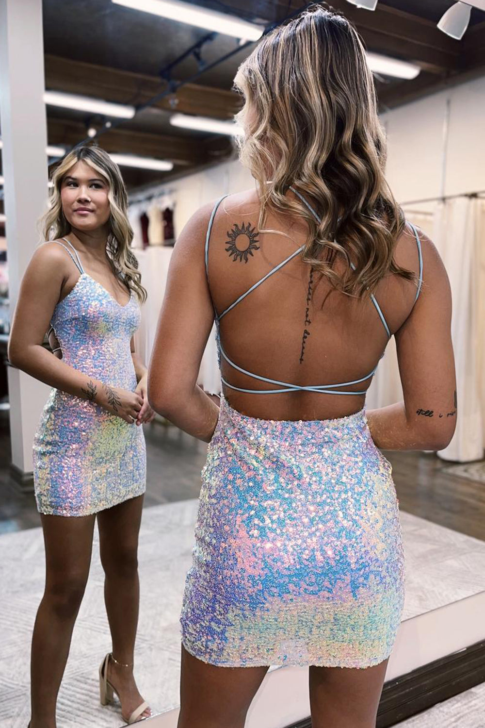 Homecoming Dresses Sequin Spaghetti Straps Criss-Cross Straps Back Tight Cocktail Dresses