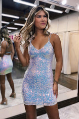 Homecoming Dresses Sequin Spaghetti Straps Criss-Cross Straps Back Tight Cocktail Dresses
