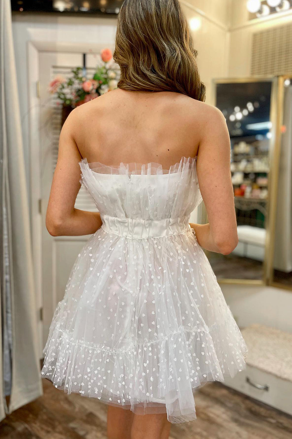 Homecoming Dresses Tulle Strapless A Line Short Cocktail Dresses with Polka Dots