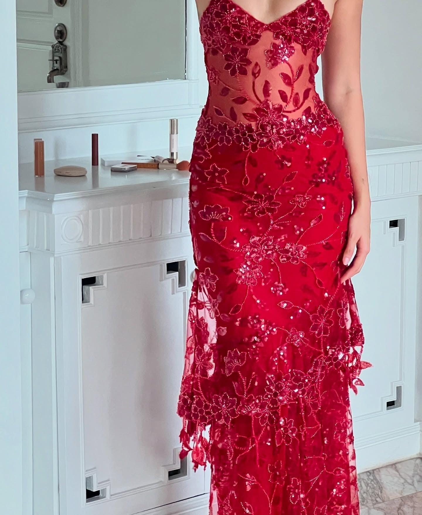 Hot Mermaid Spaghetti Straps Red Long Prom Dress With Embroidery Formal Evening Gown