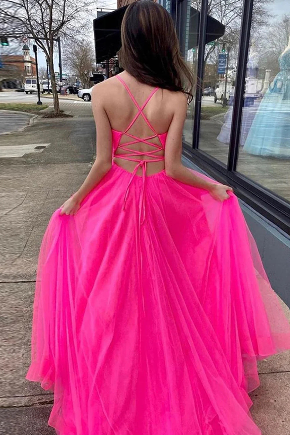 Hot Pink A Line Prom Dress Tulle Long Evening Dress with Pockets