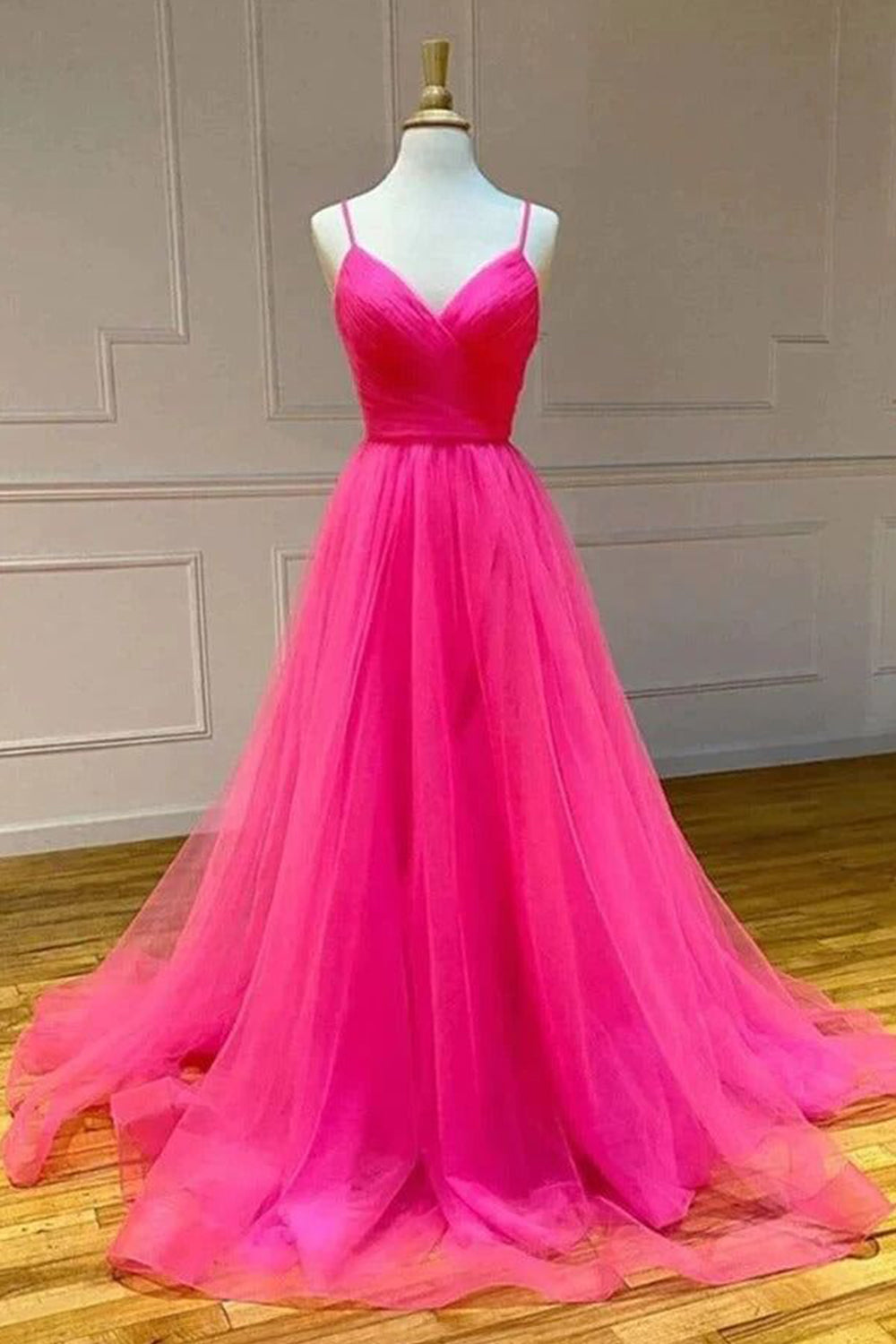 Hot Pink A Line Prom Dress Tulle Long Evening Dress with Pockets