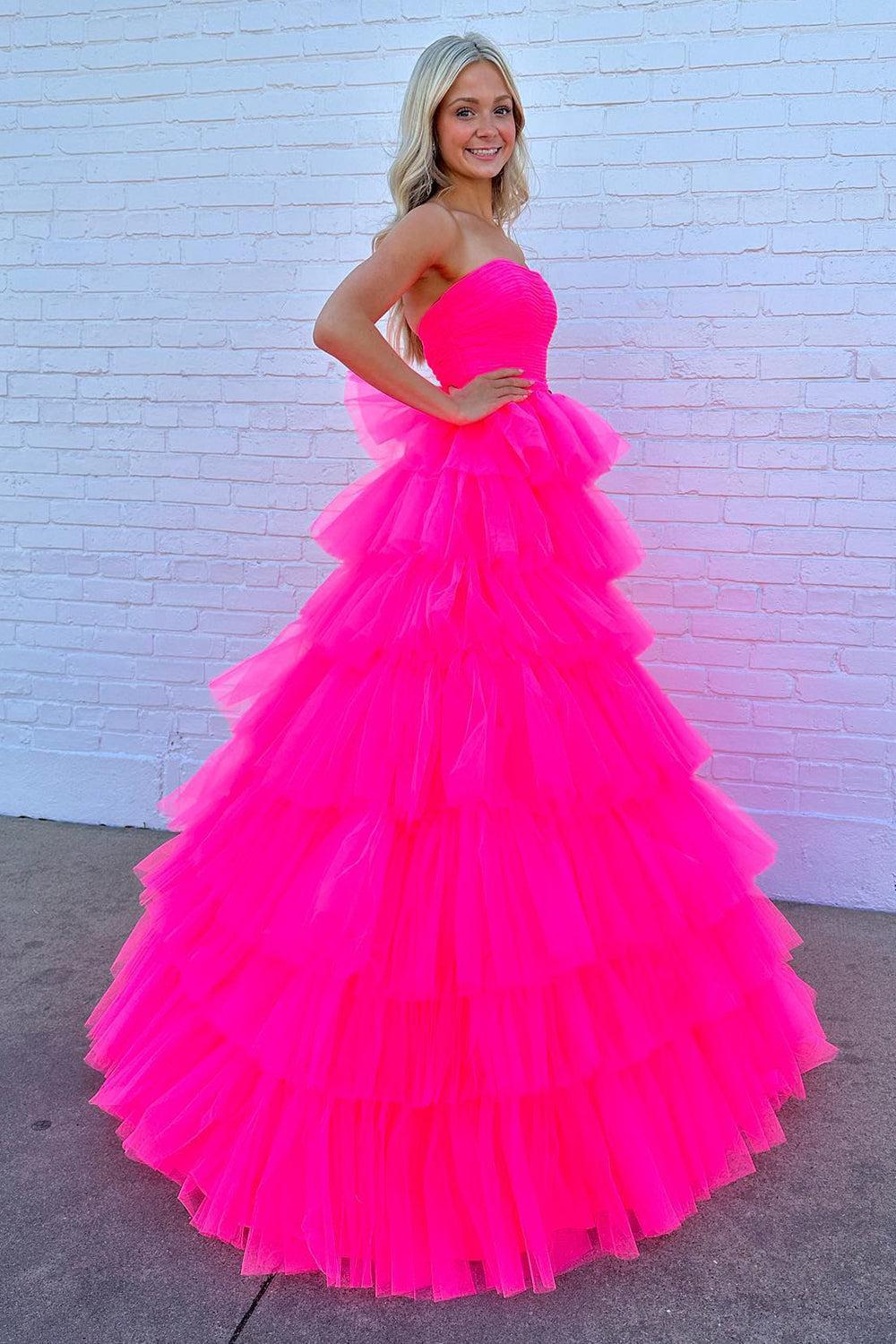 Hot Pink A-Line Tiered Tulle Long Prom Dress