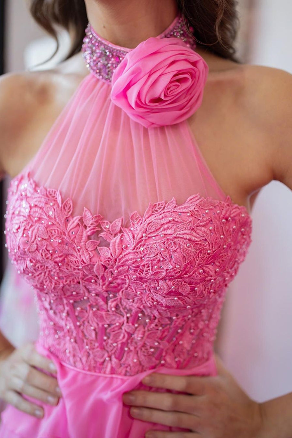 Hot Pink Corset Prom Dress Halter Ruffled Long Wedding Guest Dress with Lace