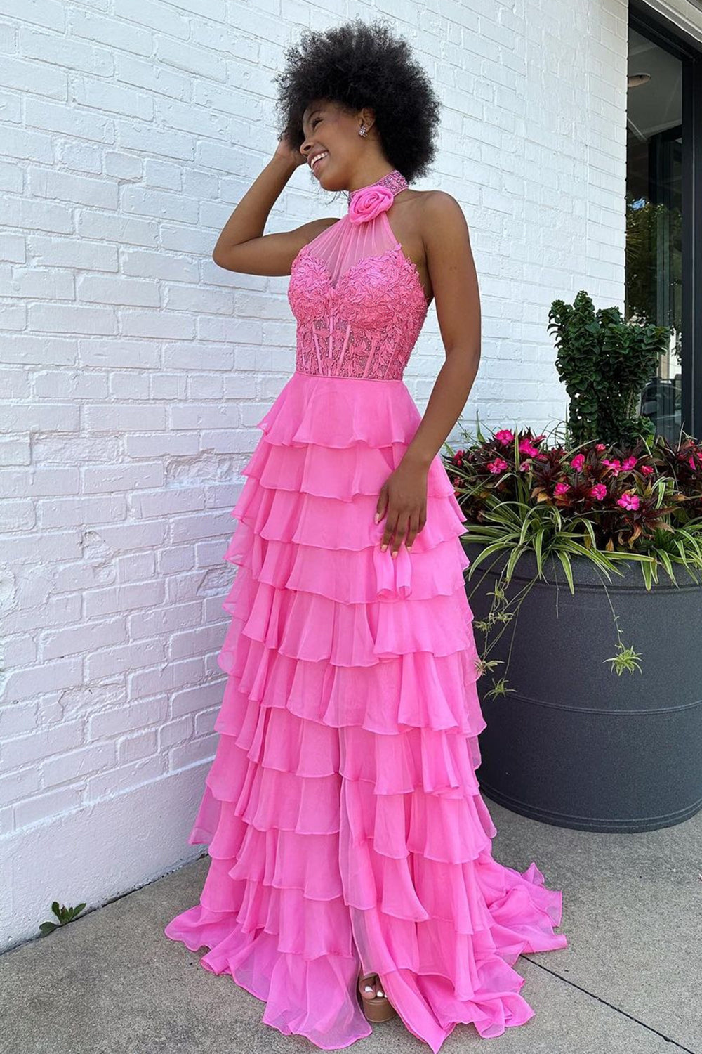 Hot Pink Corset Prom Dress Halter Ruffled Long Wedding Guest Dress with Lace