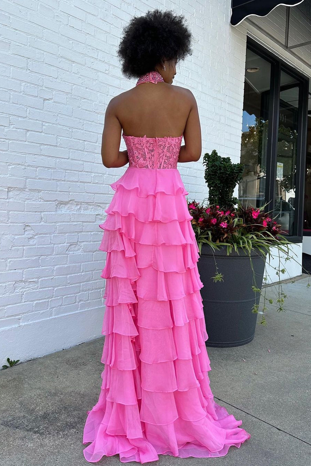 Hot Pink Corset Prom Dress Halter Ruffled Long Wedding Guest Dress with Lace