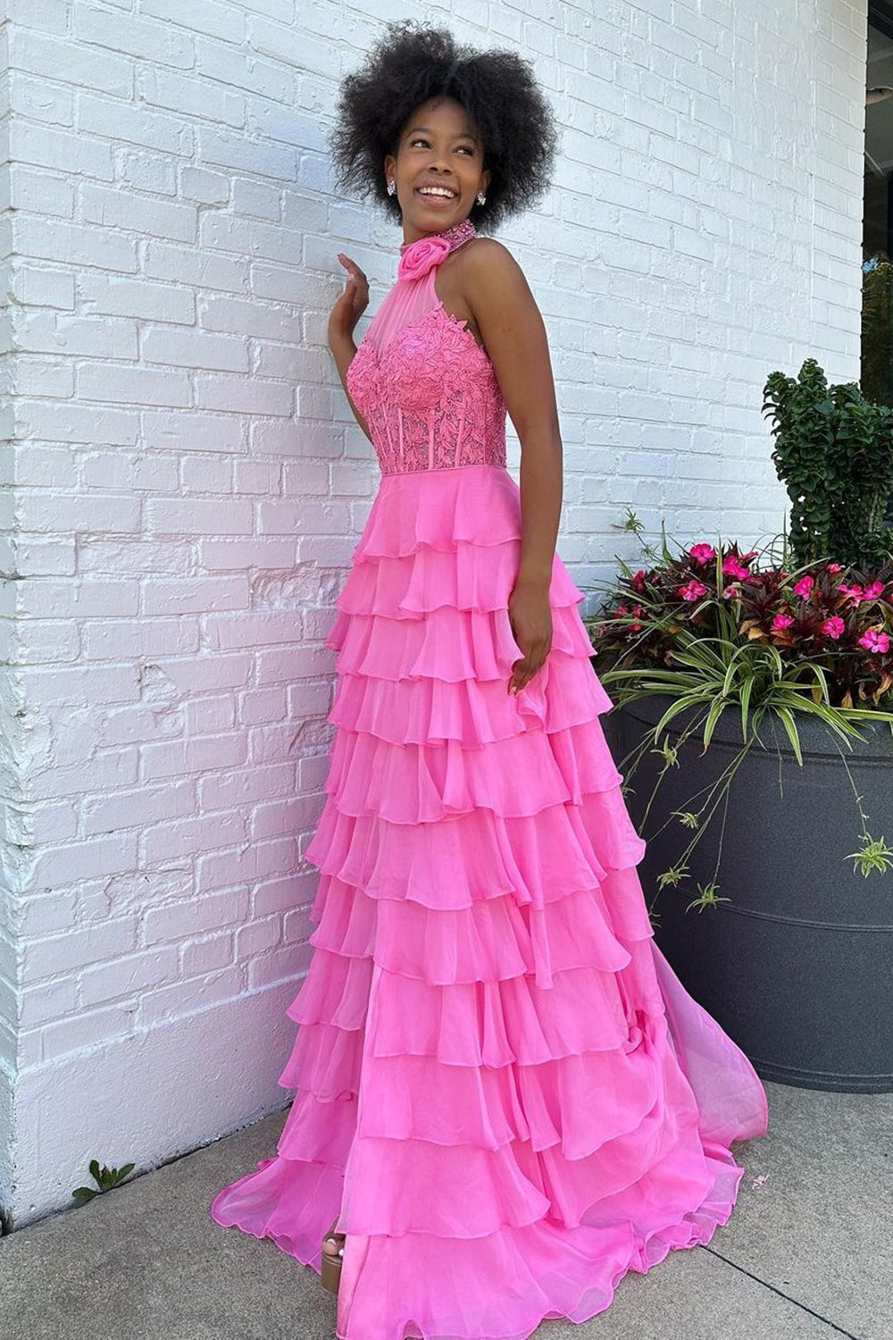 Hot Pink Corset Prom Dress Halter Ruffled Long Wedding Guest Dress with Lace