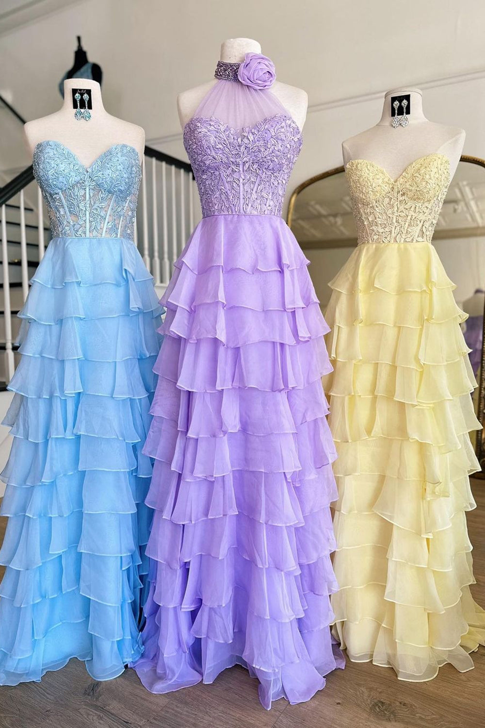 Hot Pink Corset Prom Dress Halter Ruffled Long Wedding Guest Dress with Lace