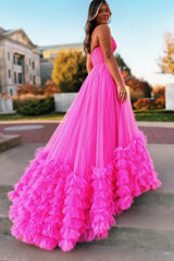 Hot Pink Corset Prom Dress Sweetheart A Line Long Evening Dress with Ruffles