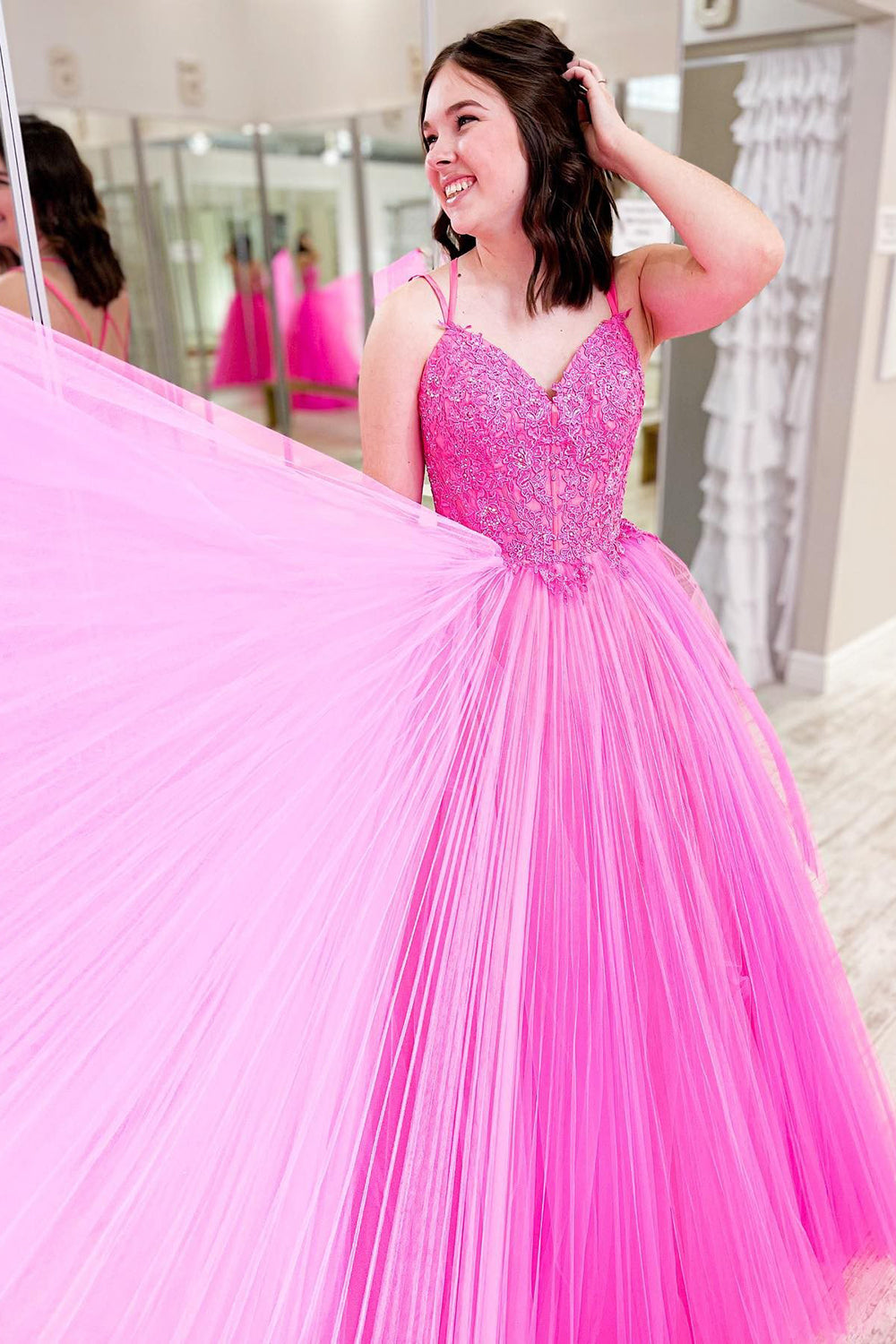 Hot Pink Evening Dress Lace Up A Line Prom Dress with Ruffles