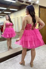 Hot Pink Homecoming Dress A Line Spaghetti Straps Corset Short Prom Dress