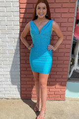 Hot Pink Homecoming Dresses Beaded V-Neck Backless Tight Short Cocktail Dresses
