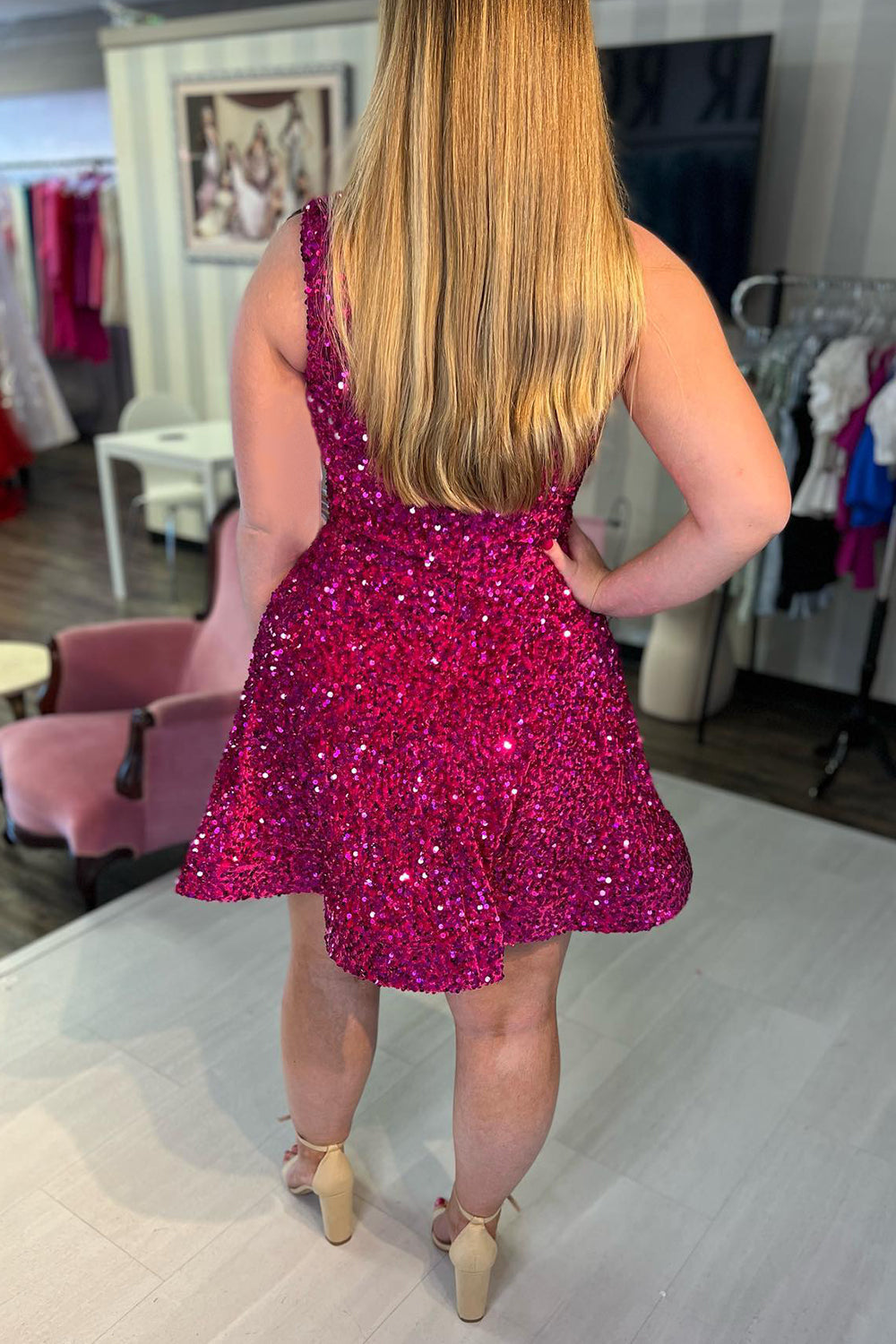 Hot Pink Homecoming Dresses One Shoulder Sequin Short Cocktail Dresses