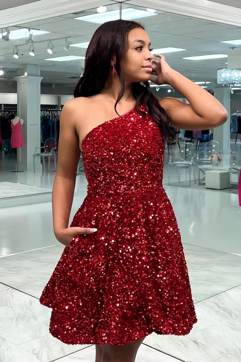 Hot Pink Homecoming Dresses One Shoulder Sequin Short Cocktail Dresses