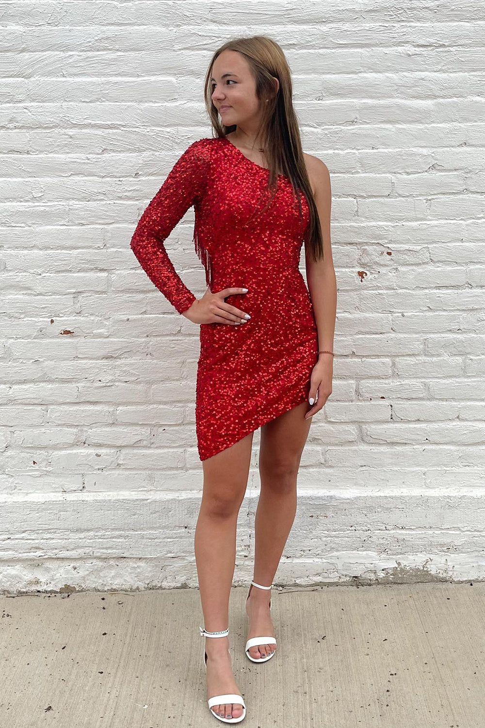 Hot Pink Homecoming Dresses One Shoulder Tight Sequin Cocktail Dresses with Fringes