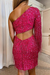 Hot Pink Homecoming Dresses Open Back One Shoulder Sequin Tight Cocktail Dresses
