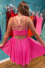 Hot Pink Homecoming Dresses Open Back Sequin A-Line Short Cocktail Dresses