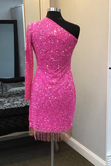 Hot Pink Homecoming Dresses Sequin Beaded Cut Out Tight Short Cocktail Dresses with Fringes