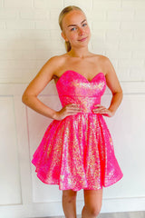 Hot Pink Homecoming Dresses Sequin Sweetheart A-Line Short Cocktail Dresses