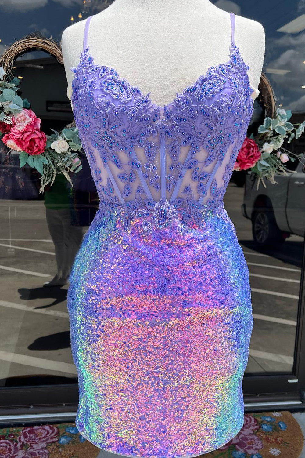 Hot Pink Homecoming Dresses Sequin Tight Short Cocktail Dresses with Lace