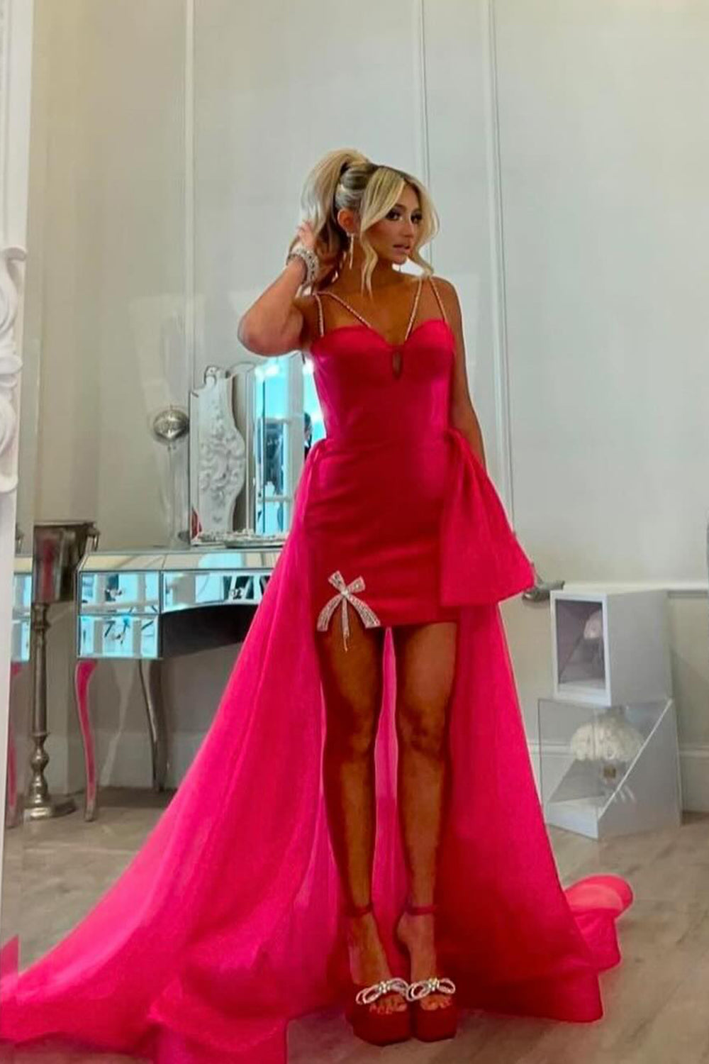 Hot Pink Homecoming Dresses Spaghetti Straps High Low Cocktail Dresses