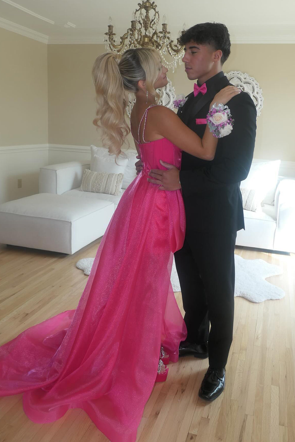 Hot Pink Homecoming Dresses Spaghetti Straps High Low Cocktail Dresses